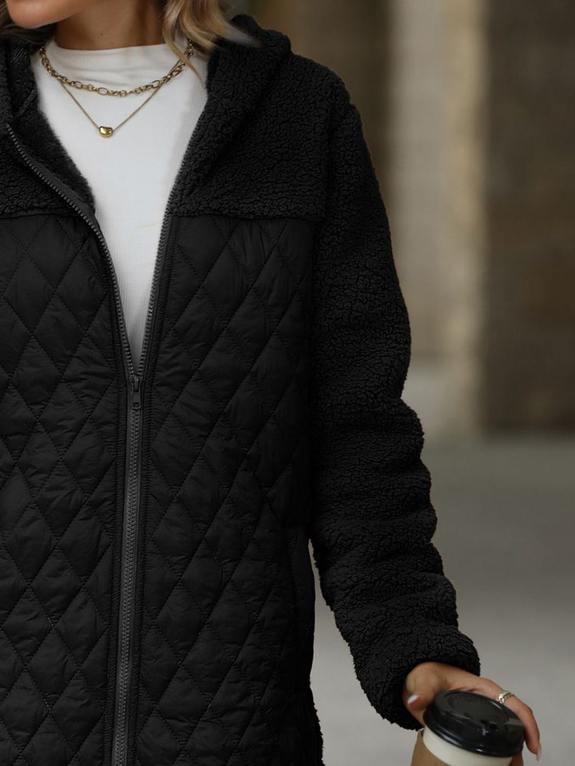 | Structured long-sleeved zip-up hooded coat