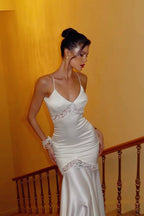 Satin Spaghetti Strap Deep V-Neck Lace Panel Mermaid Maxi Gown