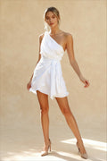 Linen One Shoulder Ruched Sash Tie Wrap Mini Dress