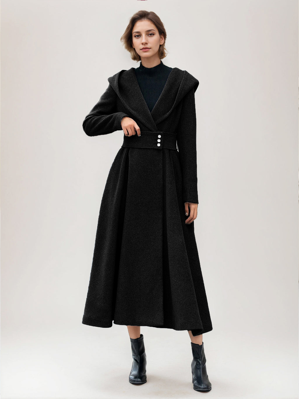 Flared Woolen Coat For Woman Hooded Gray Belted A-line Winter Long Outerwear 2026