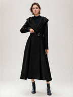 Flared Woolen Coat For Woman Hooded Gray Belted A-line Winter Long Outerwear 2026