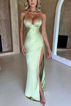 Satin Deep V-Neck Spaghetti Strap High Slit Column Maxi Dress