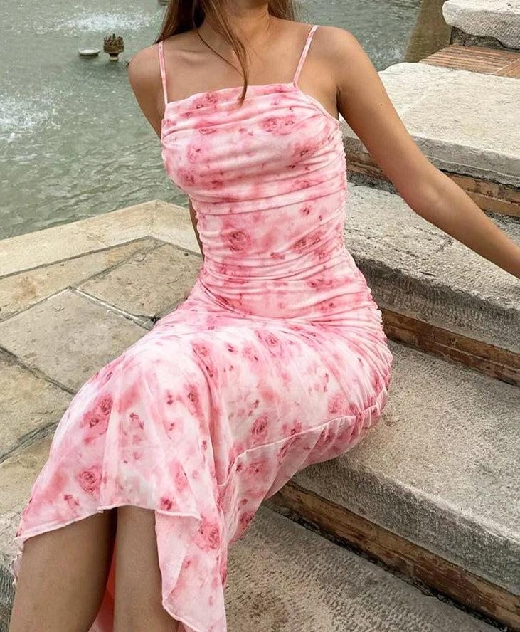 Ruched Floral Print Square Neck Spaghetti Strap Bodycon Midi Dress