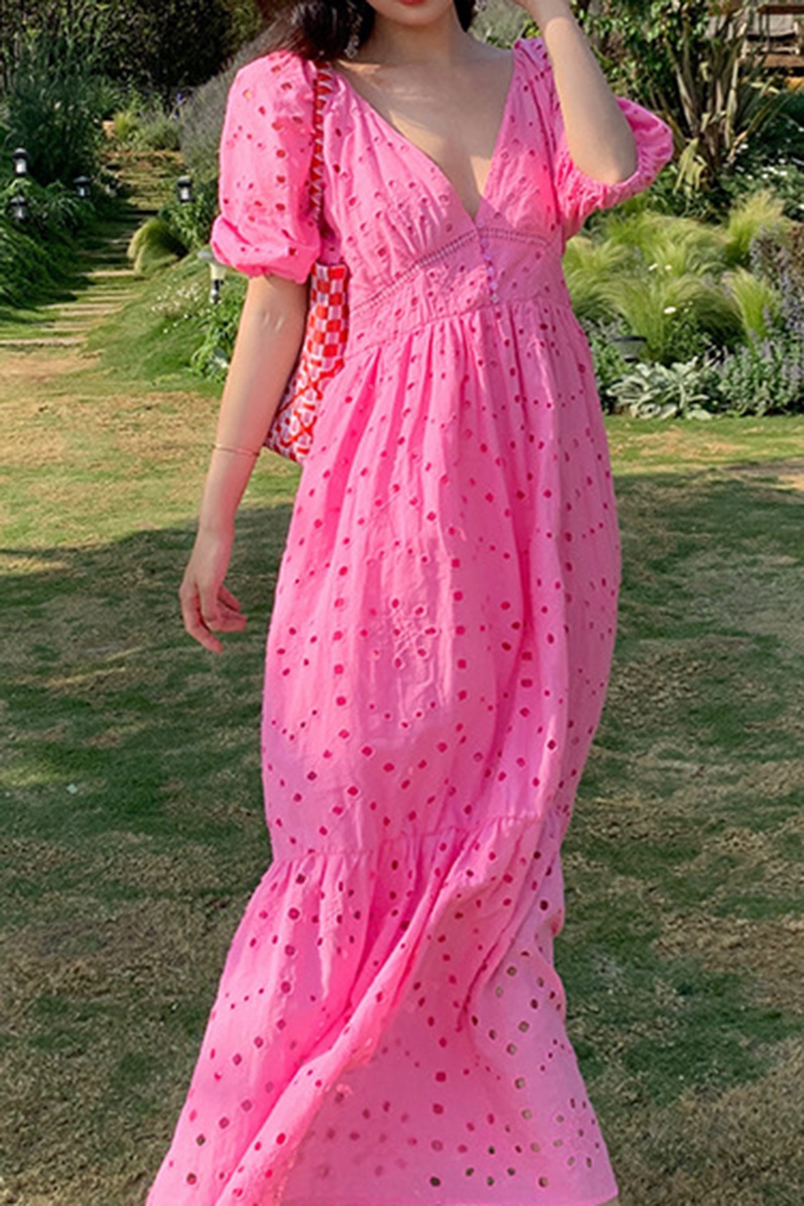 Eyelet Deep V-Neck Puff Sleeve Smocked Empire Waist Tiered Maxi Dress