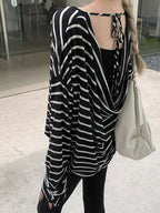 Stripe Backless Lace Up Smock Oversized Long Sleeve Tee