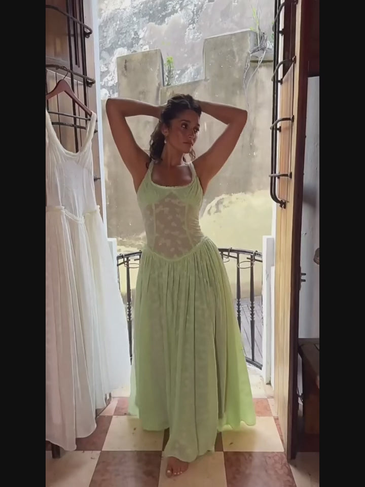 Lace Overlay Corset Bodice Scoop Neck Pleated Thigh Slit Maxi Dress