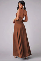 Satin Cowl Neck Spaghetti Strap High Slit A-Line Maxi Gown