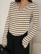 Textured Stripe V Neck Irregular Hem Long Sleeve Tee