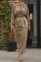 Solid Color Round Neck Long-sleeved Pleated Shirt and Elegant Maxi Skirt Set