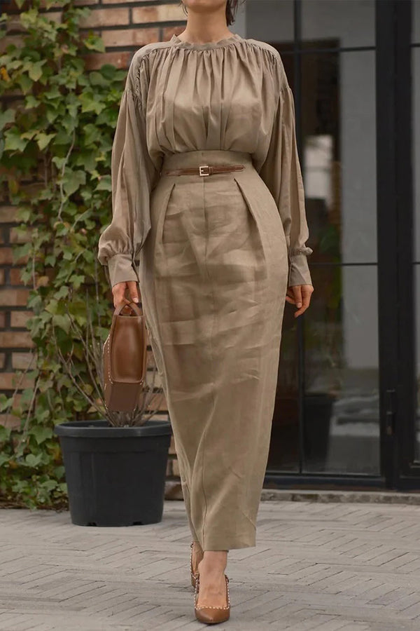 Solid Color Round Neck Long-sleeved Pleated Shirt and Elegant Maxi Skirt Set