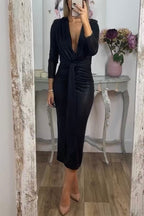 Metallic Ruched Knot Front Deep V-Neck Three Quarter Sleeve Midi Dress