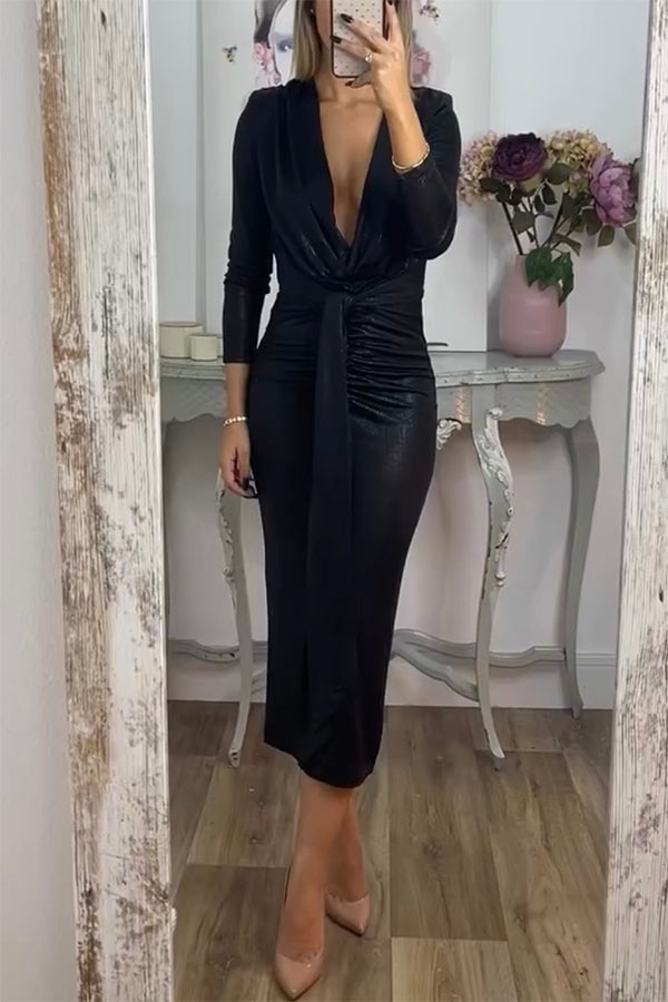 Metallic Ruched Knot Front Deep V-Neck Three Quarter Sleeve Midi Dress