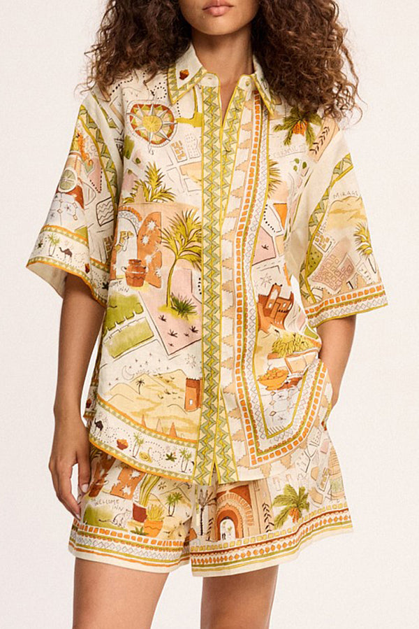 Tropical Vegetation Print Loose Button Elastic Waist Shorts Set