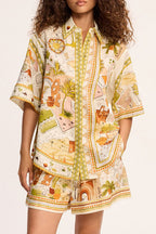 Tropical Vegetation Print Loose Button Elastic Waist Shorts Set