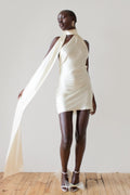 Halter Neck Sash Scarf Draped Satin Backless Mini Dress