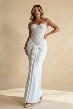 Beaded Corset Strapless Sweetheart Draped Panel Maxi Gown