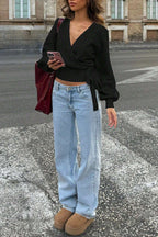 Solid Color Crossover V-neck Tie Elegant Long-sleeved Knit Top