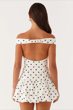 Polka Dot Off Shoulder Sweetheart Ruffle Hem Fit and Flare Mini Dress