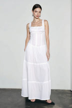 Square Neck Corset Button Front Tiered Ruffle Maxi Dress