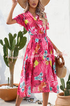Paulette Contrast Floral Print Belted Pleated Midi Dress