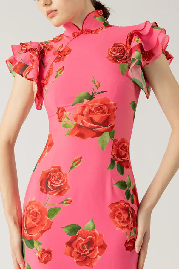 Elegant party cheongsam style rose print layered flared sleeve elastic long skirt