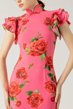 Elegant party cheongsam style rose print layered flared sleeve elastic long skirt