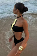 Black Metal Decor Backless Tie One Piece Set