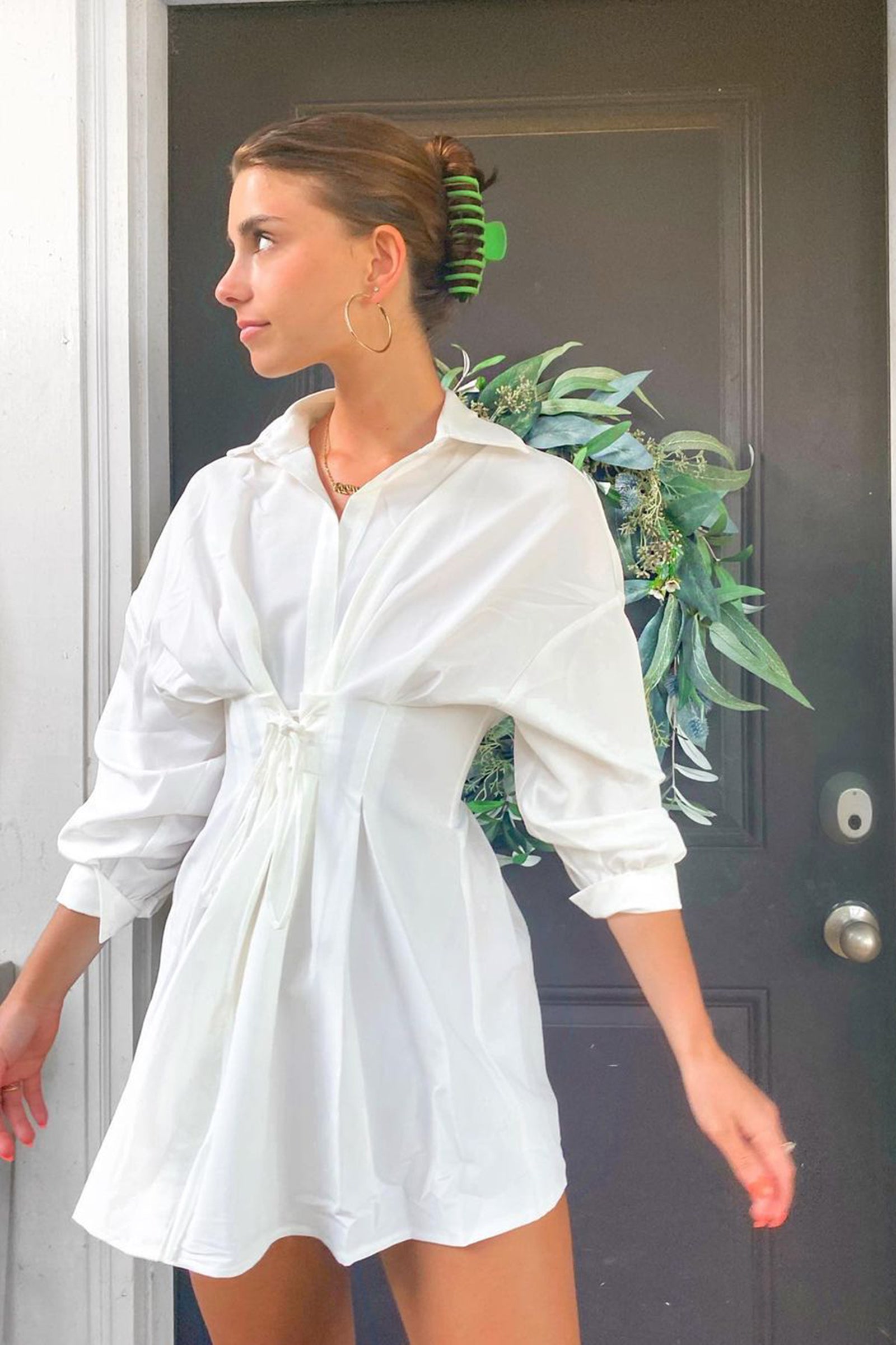Pointed Collar Puff Sleeve Lace-Up Corset Waist Shirt Mini Dress