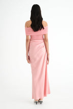 Off Shoulder Ruched Mesh Waist Panel Draped Overlay Maxi Gown
