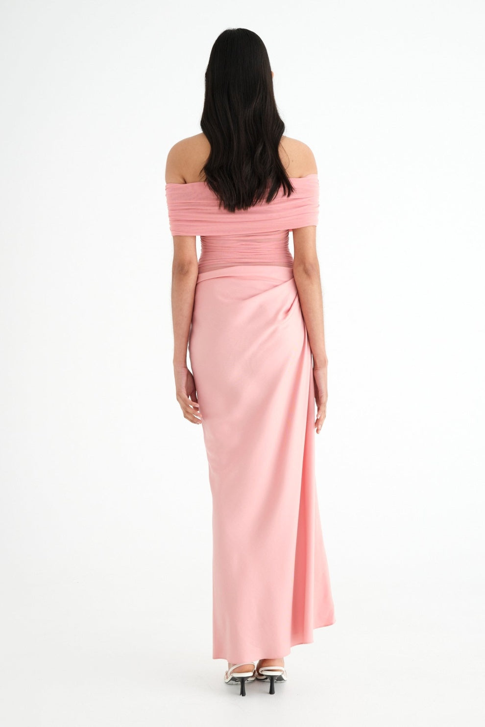 Off Shoulder Ruched Mesh Waist Panel Draped Overlay Maxi Gown
