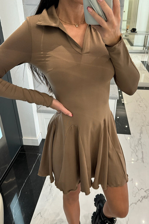 Polo Collar Deep V-Neck Paneled Skater Lettuce Hem Mini Dress