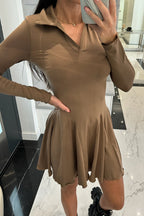 Polo Collar Deep V-Neck Paneled Skater Lettuce Hem Mini Dress