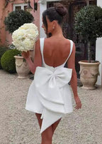 Boat Neck Pearl Trim Structured Pleated Bow Back Fit and Flare Mini Dress
