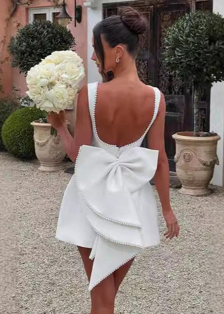 Boat Neck Pearl Trim Structured Pleated Bow Back Fit and Flare Mini Dress