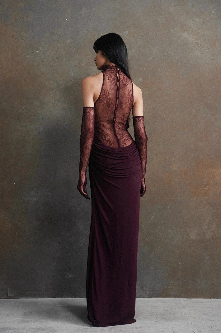 High Neck Lace Illusion Panel Halter Draped Maxi Formal Gown