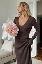 V-Neck Long Sleeve Knit Sweater Dress