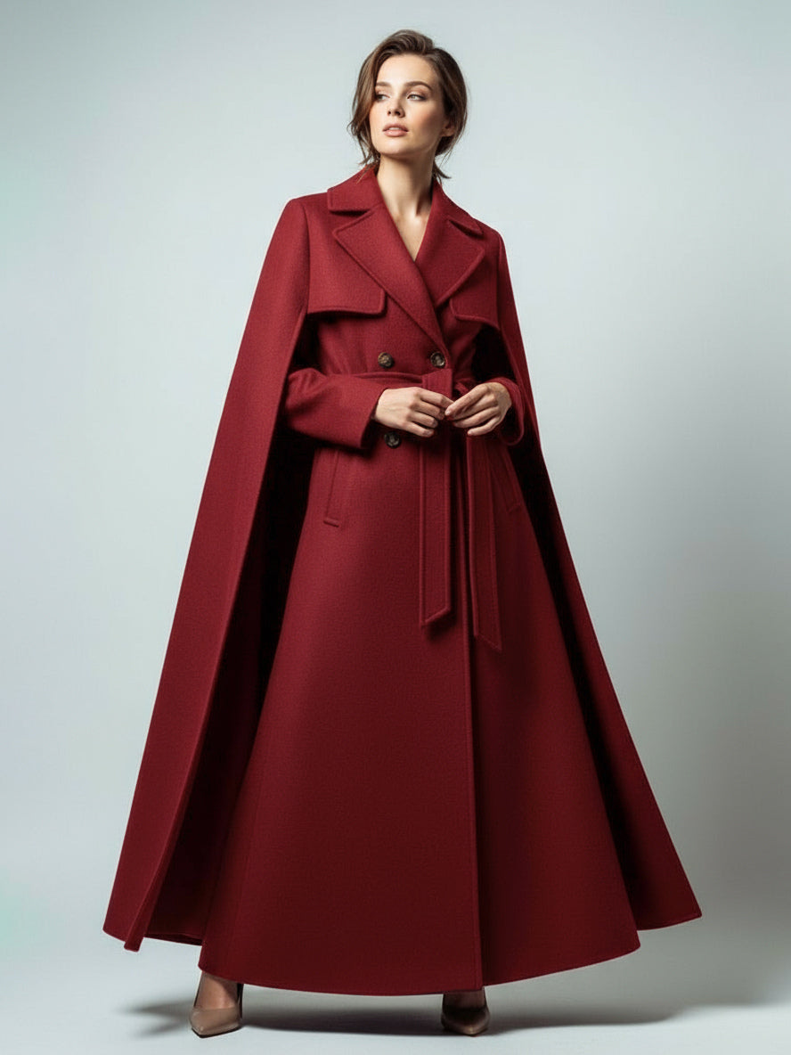 Maxi Double-breasted Woolen Coat With Detachable Cape And Belt For Women 2026