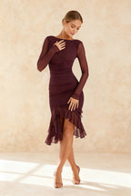 Mesh Long Sleeve Boat Neck Ruched High Low Ruffle Midi Dress