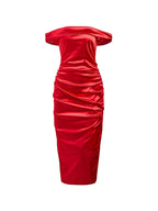 Glossy Solid Off Shoulder Thigh Split Maxi Dress