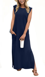 Padded Shoulder Crew Neck Ribbed Column Ankle Length Maxi Dress