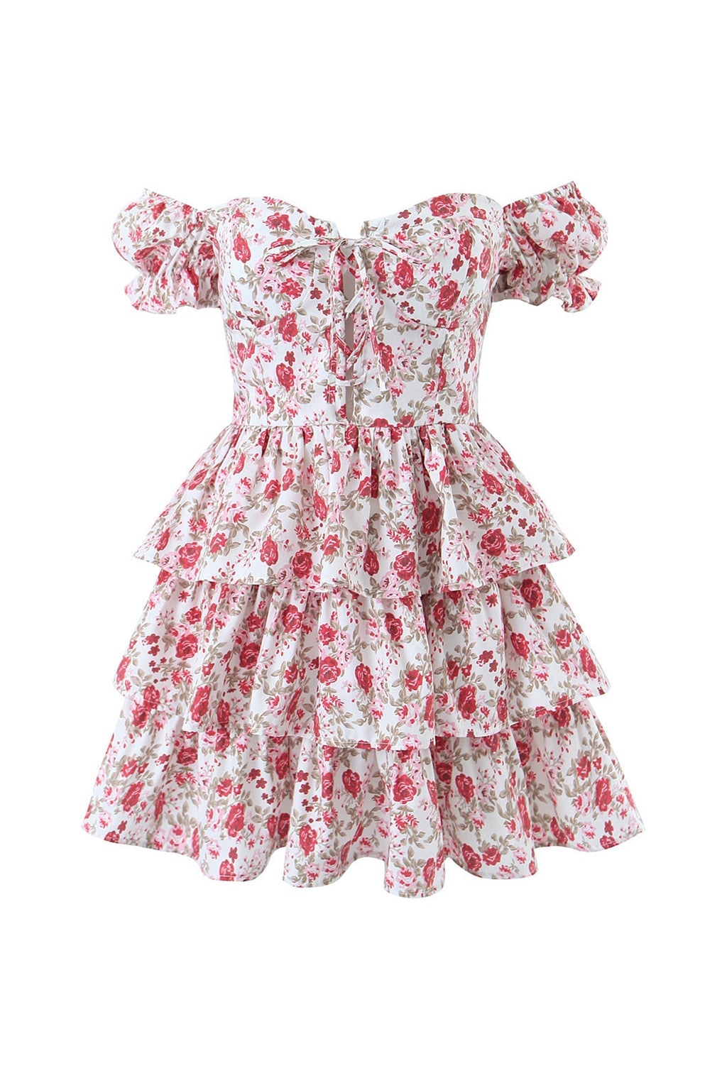Floral Print Off Shoulder Lace Up Corset Tiered Ruffle Mini Dress