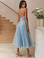 Corset Midi Dress Spaghetti Straps Shirred Lace-up Tulle Skirt Dresses