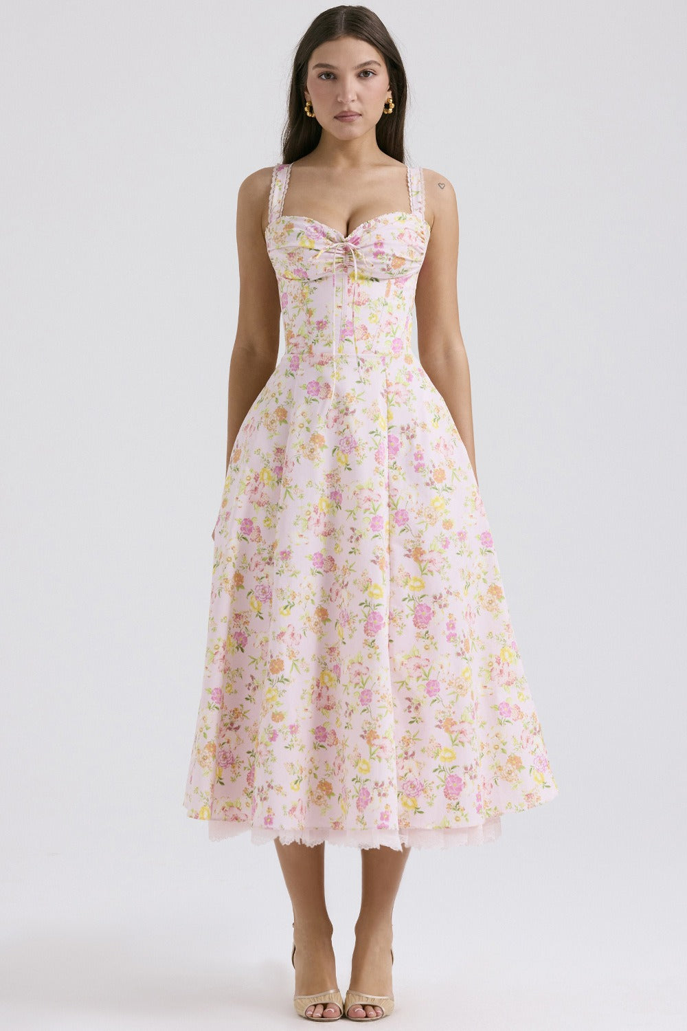 Corset Bodice Lace-Up Sweetheart Floral Print Sleeveless Midi Dress