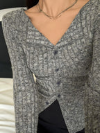 Lapel Neck Ruched Slim Long Sleeve Knit