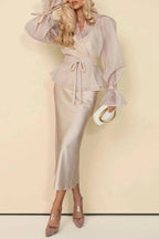 Graceful Party Tulle Knotted Long Sleeve Kimono Top and Satin Slip Midi Dress Set