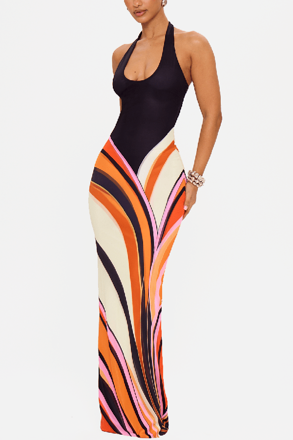 Summer Newness Colorblock Swirl Print Halter Neck Stretch Maxi Dress