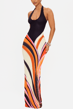 Summer Newness Colorblock Swirl Print Halter Neck Stretch Maxi Dress