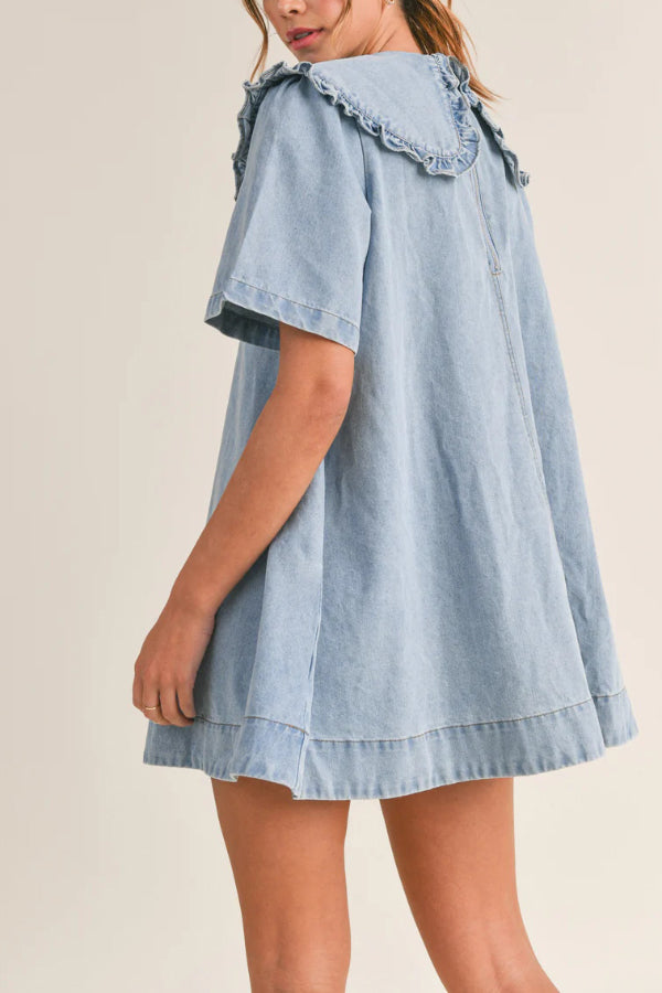 Solid Color Loose Short-sleeved Casual Ruffled Denim Mini Dress