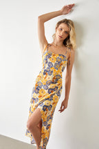 Tie Shoulder Floral Bustier Sweetheart Side Slit Midi Dress