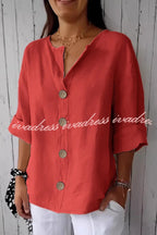 Solid Color V-neck Loose Button Top